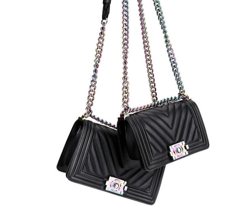 Leather one-shoulder diagonal colorful chain bag